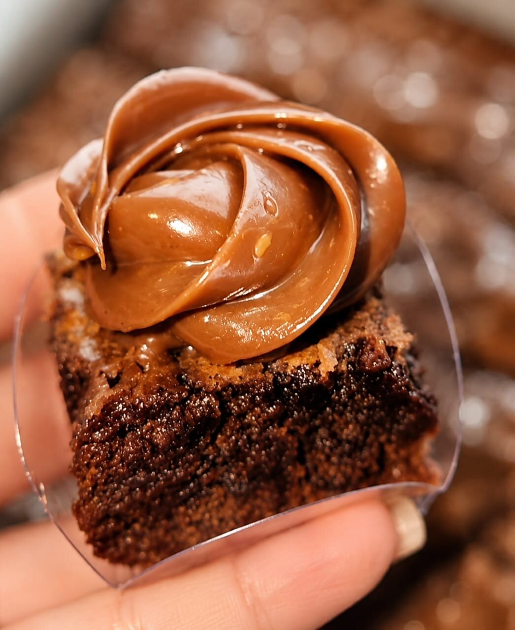 Mini brownie de chocolate coberto com brigadeiro de doce de leite