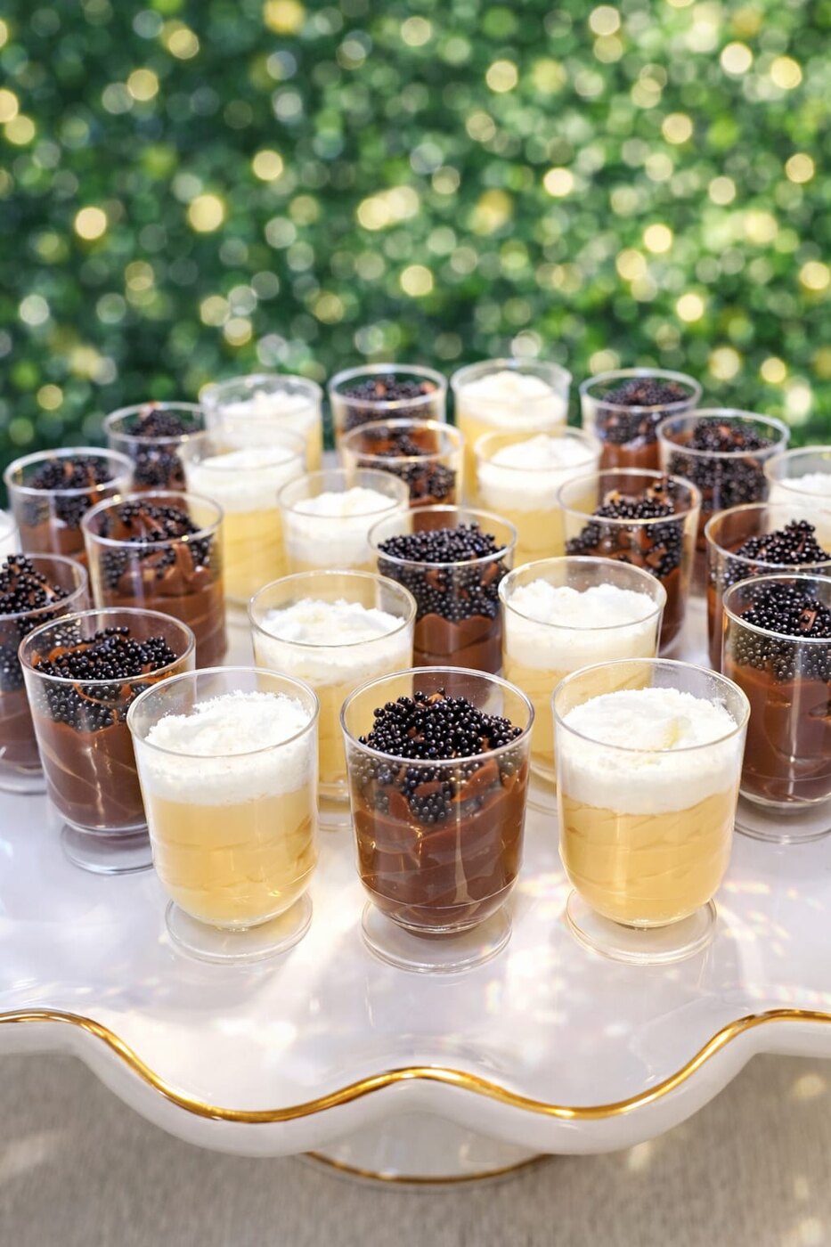 Taças de brigadeiro cremoso decoradas com granulado e coco