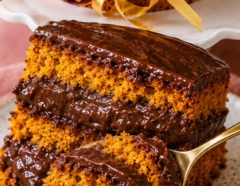 Fatia de bolo de cenoura em camadas com ganache