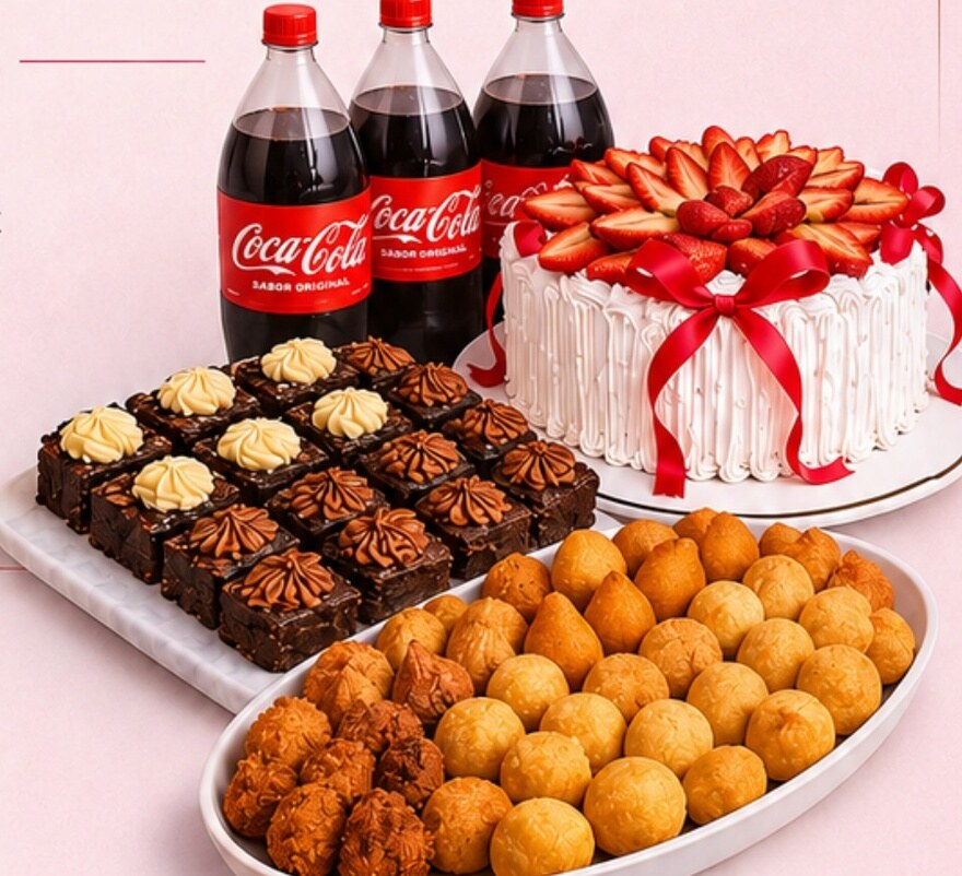 Kit festa completo com bolo, brownies, salgados e refrigerante